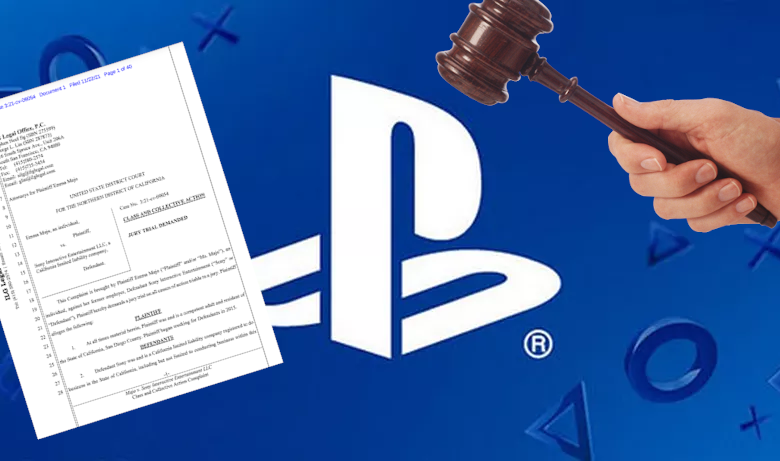 PlayStation logo being hit by a gavel due to lawsuit