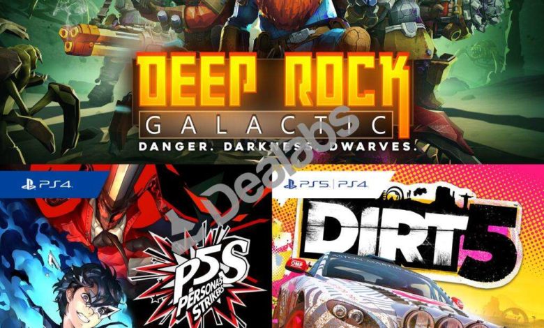 PlayStation Plus January lineup including Deep Rock Galactic, Persona 5 Strikers, and Dirt 5.