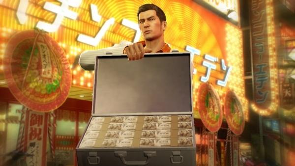 Yakuza Zero character opening a case full of money
