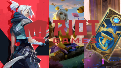 Riot Games logo on top of Jett from Valorant, Orbeeanna, and TFT battle pass
