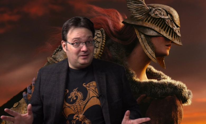 Brandon Sanderson next to Elden Ring character Malenia