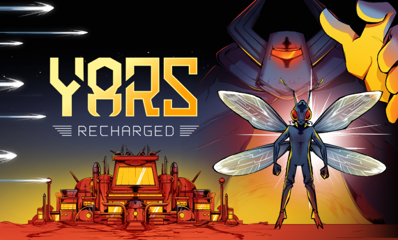 Yars Recharged logo on the left with a bug creature on the right